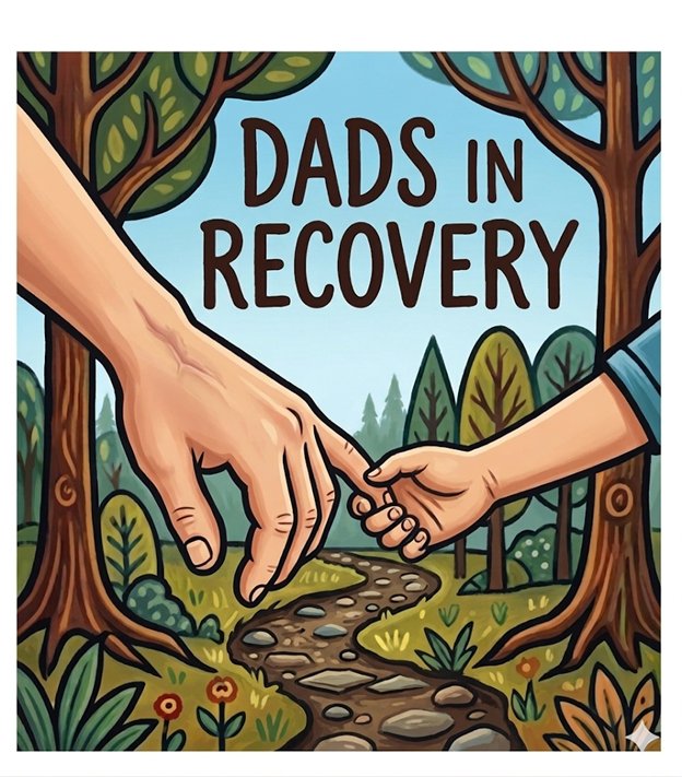 Dads in Recovery podcast artwork — a father's hand reaching to a child's hand on a forest path